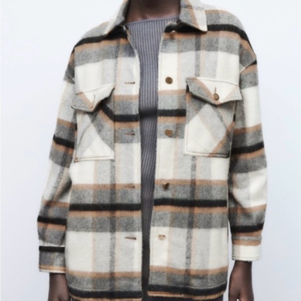 Zara longline check over shirt, shacket Womens XSmall. Brown, bill, cream plaid